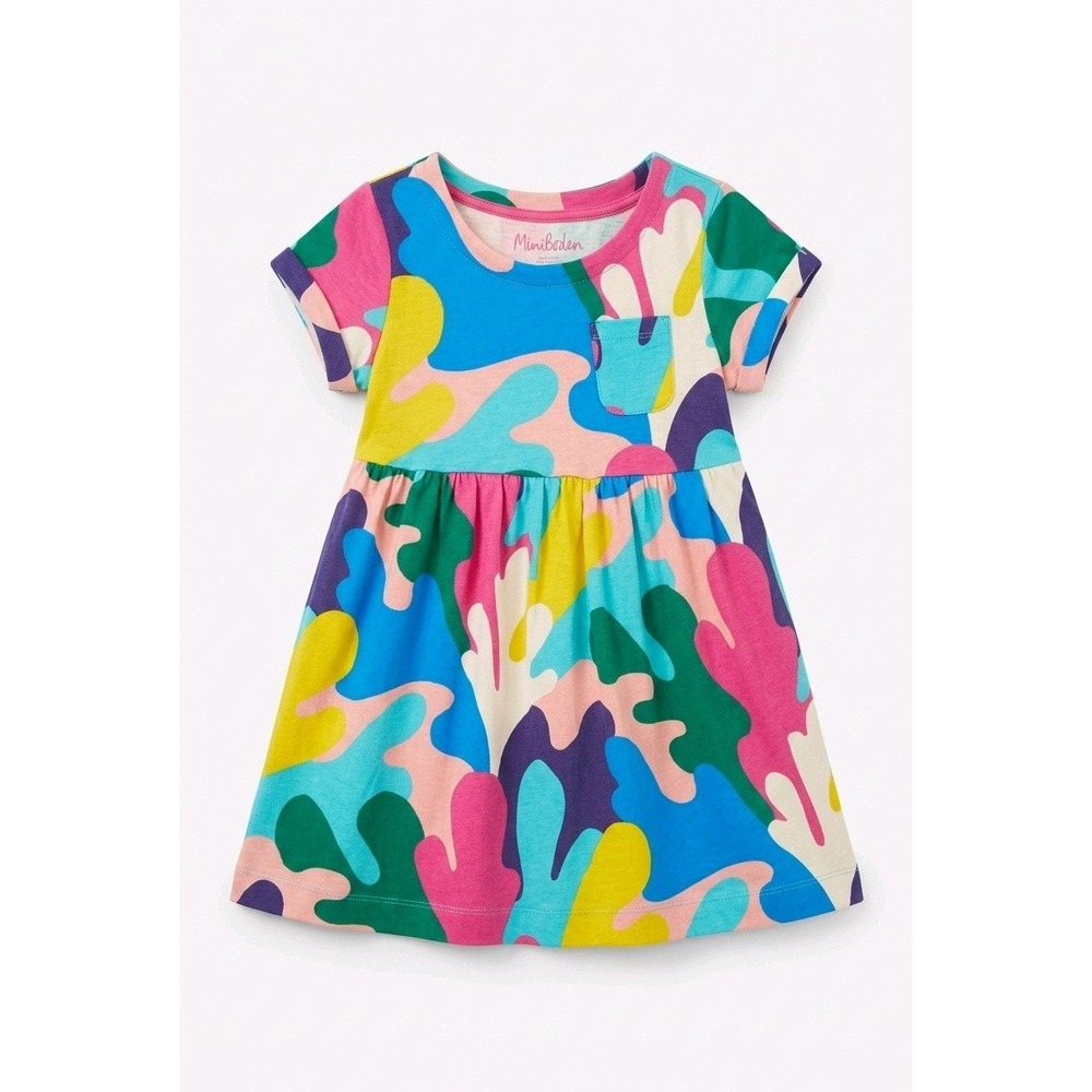 Mini Boden Kids Multi Coral Camo Jersey Dress Short Sleeve Pocket 4-5Y 110cm NEW